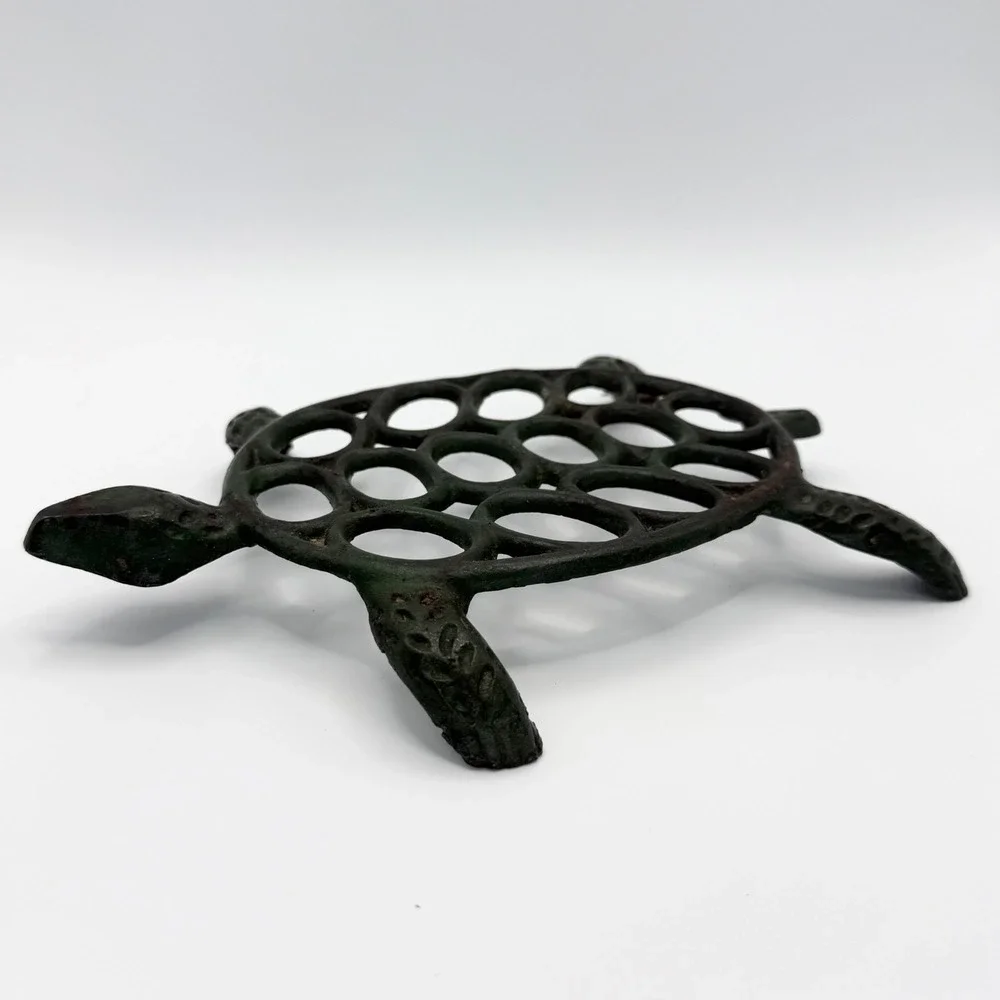 Vintage Cast Iron Turtle Trivet Green  Metal Sea Life Decor Coastal Rustic 7.5